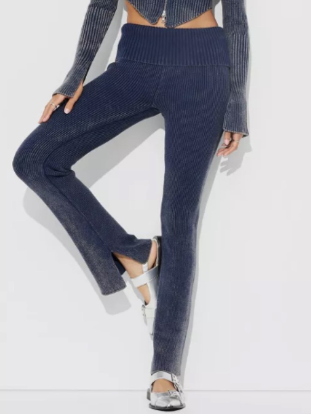 Dusty Blue Off-Shoulder Ribbed Cotton Sweater + Flare Slit pants set XS - Picture 2 of 2